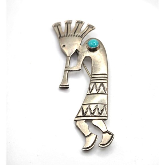 Vintage Sterling Silver Turquoise Kokopelli Brooch Indigenous 3" EP Marked - Picture 2 of 7